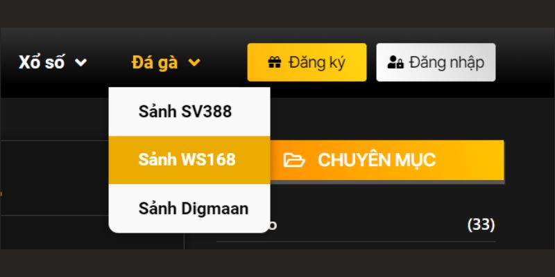 Vào mục "Đá gà" và chọn sảnh WS168 để bắt đầu cá cược